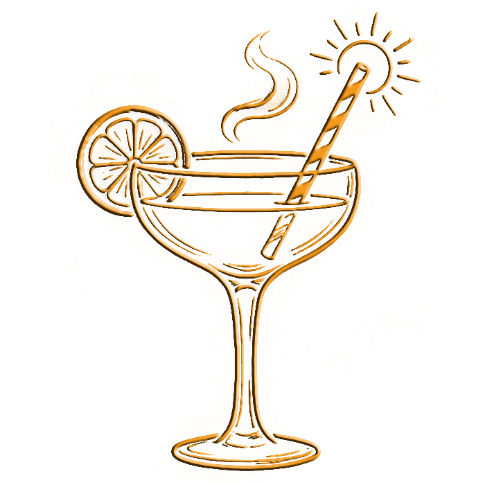 Stylized lounge bar icon showing a cocktail glass and chairs symbolizing the bar service with a simple graphic background
